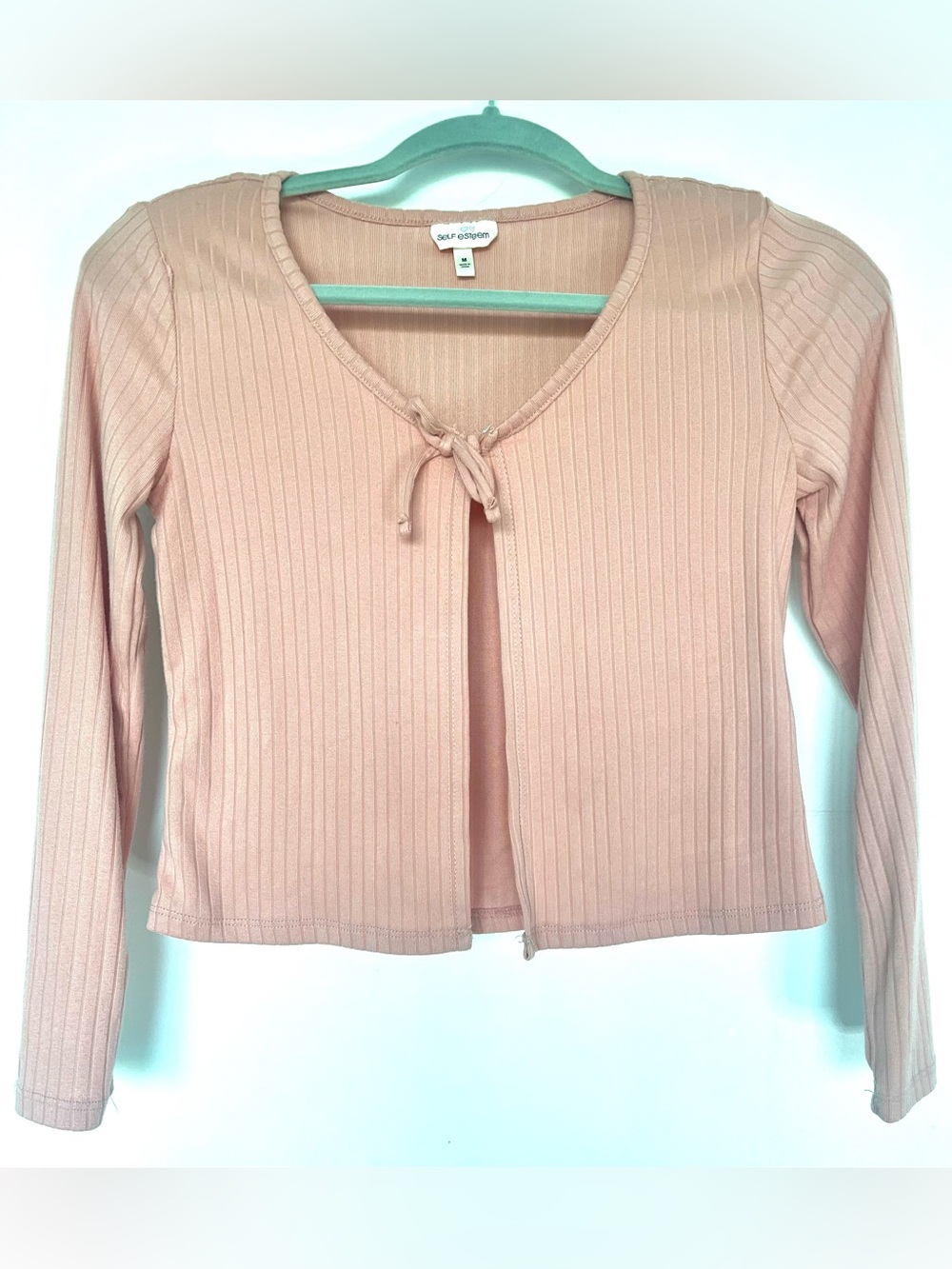 Self Esteem Pink Ribbed Knit Long Sleeve Tie Front Top - Girls Size M